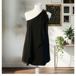 Miss Me Couture | Y2K Beaded Shoulder Chiffon Black One-Shoulder Cocktail Dress